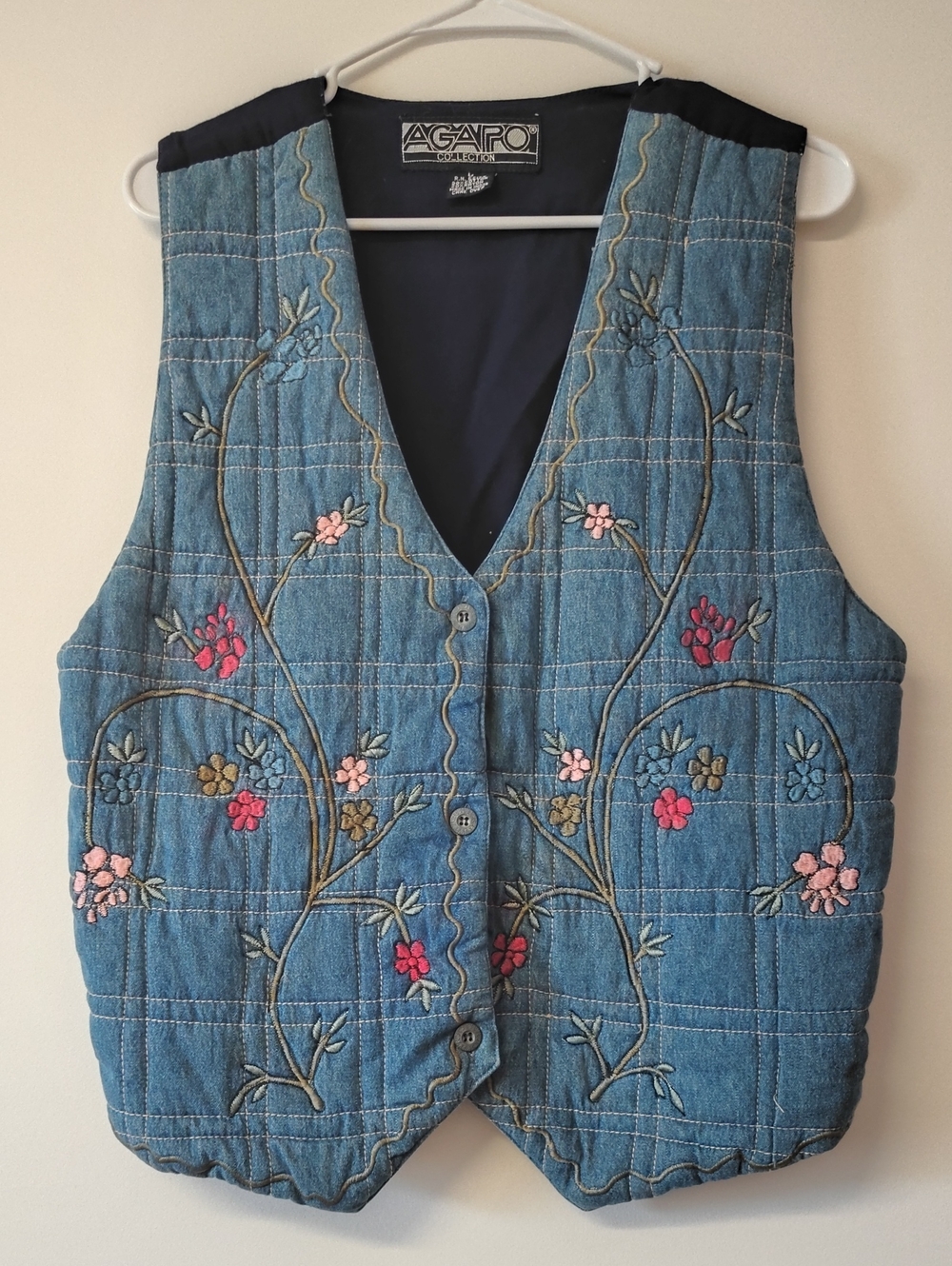 Agapo Blue Quilted Embroidered Floral Vest Large